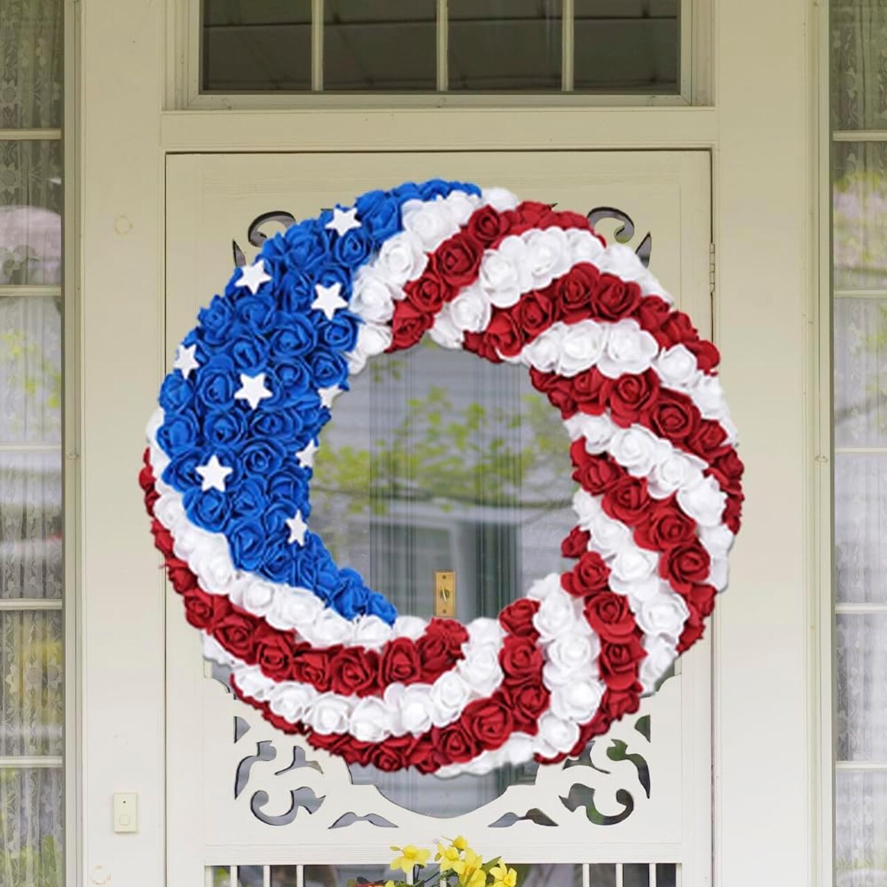 Honor Hero Patriotic WreathThe Flag Wreath on The Porch Red, White, Blue Memorial Day Wreath - Durable Independence Day Front Door Decoration (Rotundity)